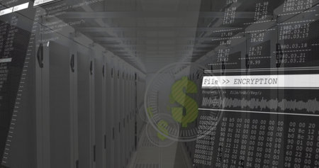 Server cabinets glowing under fluorescent lights in data center, displaying encryption overlays....