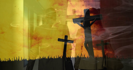 Walking two colleagues wearing coats down long corridor, carrying shoulder bags with crosses, smoke....