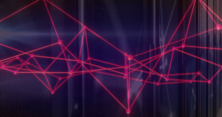 Displaying red network graph overlaying data center panels, with glowing nodes and linking lines....