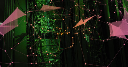 Glowing server racks, switches, cables, LED lights, cable arms in data center under green lighting....