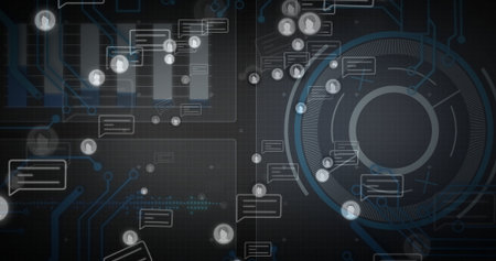 Displaying concentric circular HUD at right on grid background, with message bubbles, circuit lines....