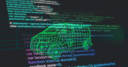 Displaying neon-green wireframe van model floating over dark code editor, with perspective grid. 3d, wireframe, digital, futuristic, programming, technology, visualizationの写真素材