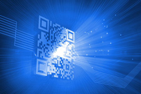 Digitally generated barcode on blue backgroundの写真素材