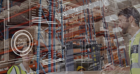 Operating manager in vest interacting with terminal at warehouse, holographic panels, copy space. Logistics, automation, data visualization, warehouse, inventory, industry, teamworkの写真素材