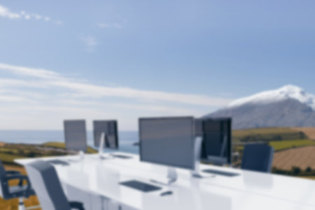 Illustration of office on landscape against mountain