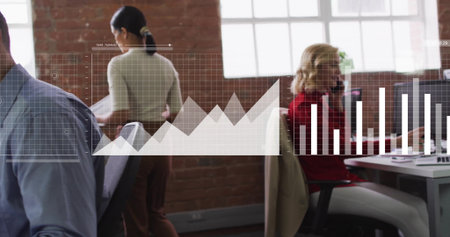 Three office professionals in formal wear collaborating in open office with digital charts. Collaboration, teamwork, data visualization, professional, modern, digital, workspaceの写真素材