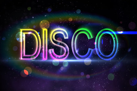 Digitally generated colourful disco text on blackの写真素材