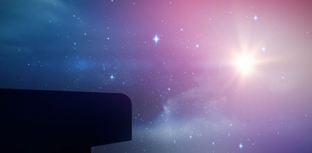 Digitally composite image of building against multi colored glowing sky