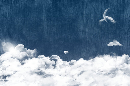 Flat design sky is showing lower cloud bank with radiant sun, lens flare, clouds, crescent moon. Celestial, atmospheric, ethereal, tranquil, scenic, horizon, natureの写真素材