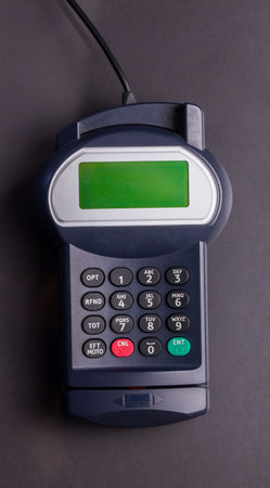 Directly above shot of credit card reader on floor