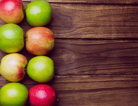 Red and green apples on wooden table