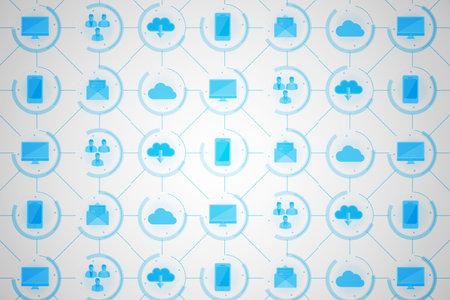 Flat design network of circular nodes is showing technology icons on gray gradient. Technology, connectivity, digital, cyberspace, infrastructure, data, communicationの写真素材