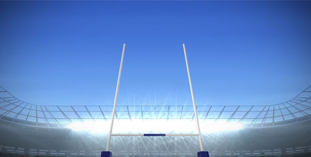 Showing flat design stadium scene with white goalposts, floodlights, empty seating and curved roof. Sports, architecture, landscape, infrastructure, recreation, outdoor, modernの写真素材