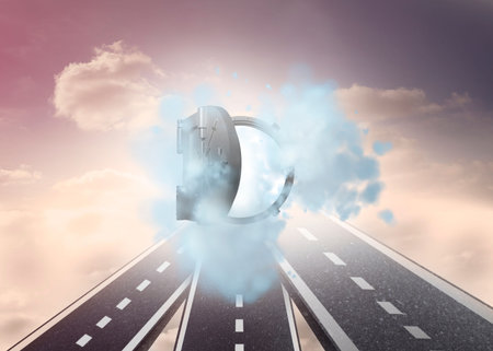 Open safe in dust cloud over streets in skyの写真素材