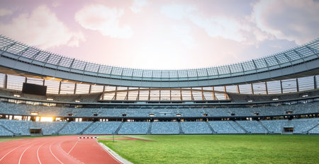 Flat design athletics stadium is showing empty red track, green infield, blue seats, steel beams. Sports, stadium, architecture, outdoor, competition, event, trainingの写真素材