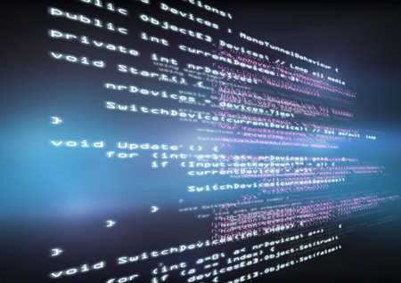 Stylized glowing 3D code lines are floating across blurred blue purple gradient backdrop....