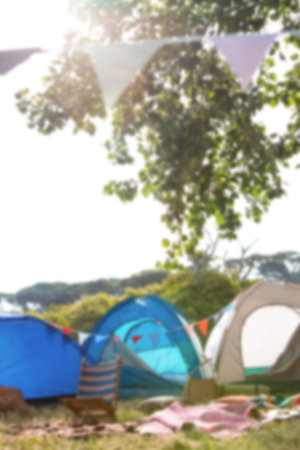 Tents by tree on grassy field against skyの写真素材
