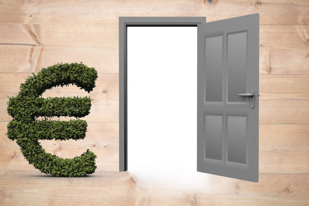 Topiary of euro sign by open door against wooden backgroundの写真素材