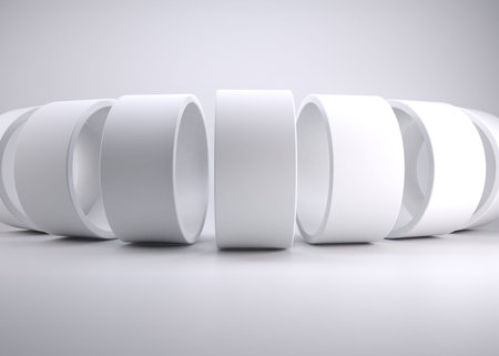 Minimalist 3D render is showing white cylindrical rings arranged in line on seamless white backdrop. Abstract, modern, clean, geometric, sleek, contemporary, designの写真素材