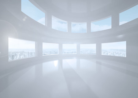 Bright white room with windowsの写真素材