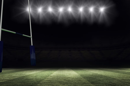 Flat design is showing rugby goal post with padded base standing on grass under stadium floodlights. Stadium, illumination, sports, arena, field, safety, outdoorの写真素材