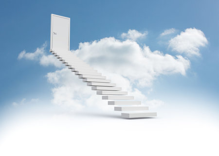 Steps leading to closed door in the skyの写真素材