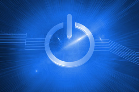 Glowing turn off button on blue backgroundの写真素材
