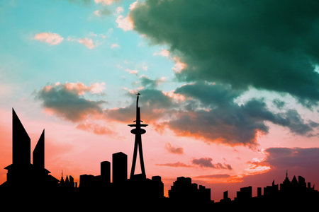 Flat design city skyline is rising against gradient dusk sky with central communications tower....