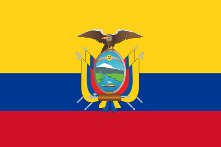 Flat design is showing Ecuadorian flag with tricolor stripes, coat of arms, transparent background. National emblem, patriotic, heraldic, symbolic, cultural, identity, formalの写真素材