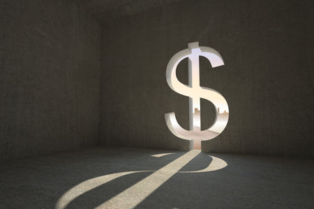 Large dollar sign cutout is casting crisp sunbeam shadow in flat design vault with distant skyline. Industrial, minimalism, modern, architecture, urban, symbolism, lightingの写真素材