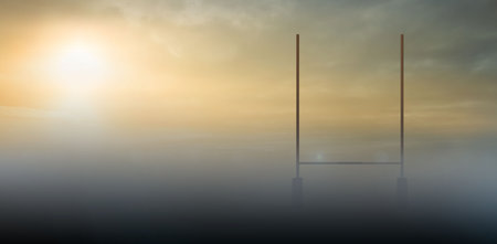 Flat vector illustration showing rugby goalposts emerging from misty sports field at dawn. Rugby,...