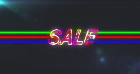 Neon SALE text glitching in dark digital graphic environment, with RGB stripes and lens flares. Cyberpunk, futuristic, neon, digital art, abstract, technology, vibrantの写真素材