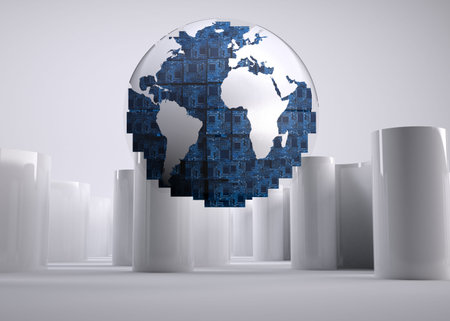 Digital globe on grey abstract backgroundの写真素材