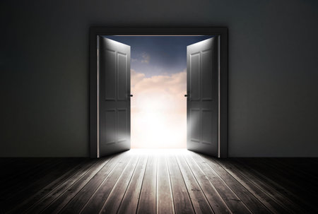 Digitally generated open doors in dark roomの写真素材