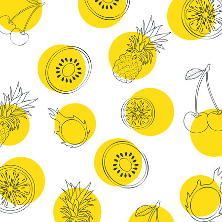 Square image of summer fruits illustrations in black with yellow circles on white background. Summer, healthy food, pattern and communication background concept digitally generated image.の写真素材