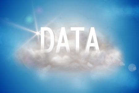 Data on a floating cloud on blue backgroundの写真素材