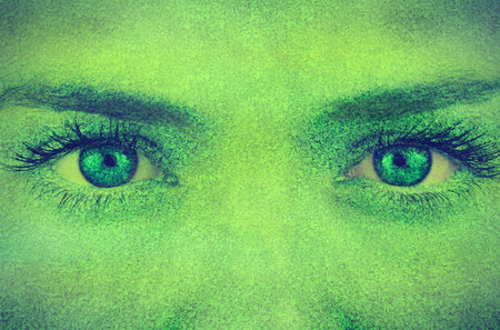 Human eyes and brow region are being shown in stylized close-up illustration, with green grain. Portrait, beauty, fashion, minimalism, surreal, artistic, skin textureの写真素材