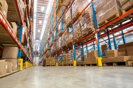 Low angle view cardboard boxes on rack in illuminated warehouseの写真素材