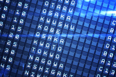 Digitally generated blue departures board for major asian cities