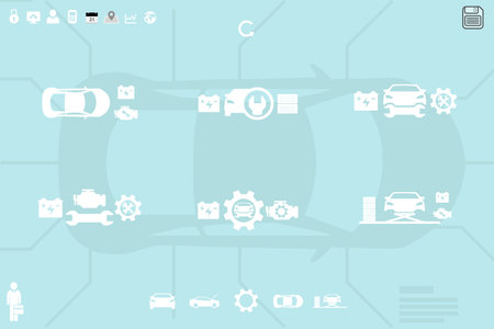 Displaying top-down car silhouette on teal radiating links to flat-design icons like user and map. Automation, connectivity, maintenance, technology, mobility, transportation, controlの写真素材
