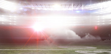 Digitally generated image of illuminated stadium with smokeの写真素材