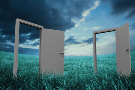 Digital image of open doors on turquoise grass against cloudy skyの写真素材