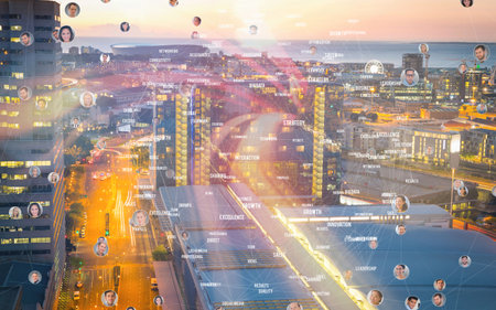 Double exposure of connecting people icons with cityscape at night background