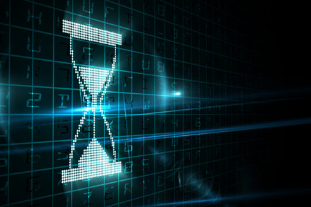 Dot-matrix hourglass is glowing in flat design on dark grid, with blue light beams and flares....