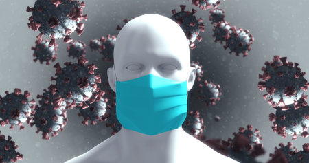 Covid-19 cells against human head model wearing mask against grey backgroundの写真素材