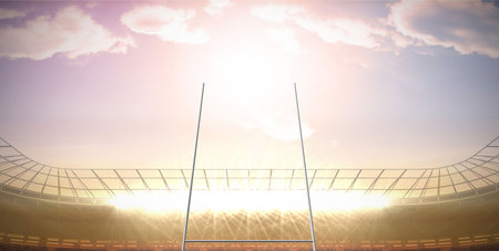 Metal goalposts are standing in flat design stadium field, showing curved roof grid and floodlights. Sports, architecture, infrastructure, outdoors, modern, expansive, engineeringの写真素材