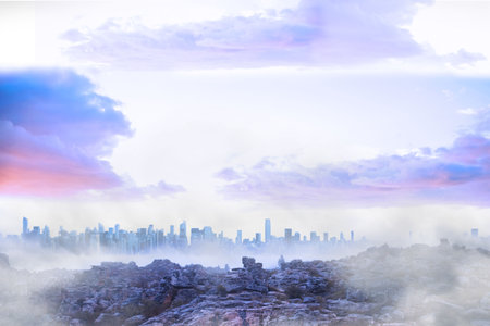 3D render plateau is showing jagged formations rising in mist with city skyline under pastel clouds....