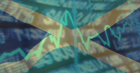 Displaying Scottish saltire flag with finance line chart on market screen, with blurred tickers....