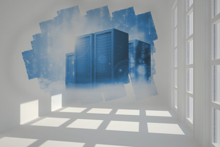 Abstract screen in room showing server towersの写真素材