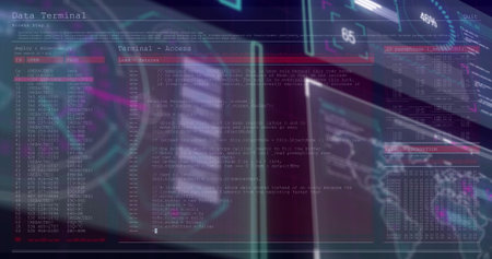 Displaying holographic terminal overlaying virtual console, with code lines and redacted ID list....